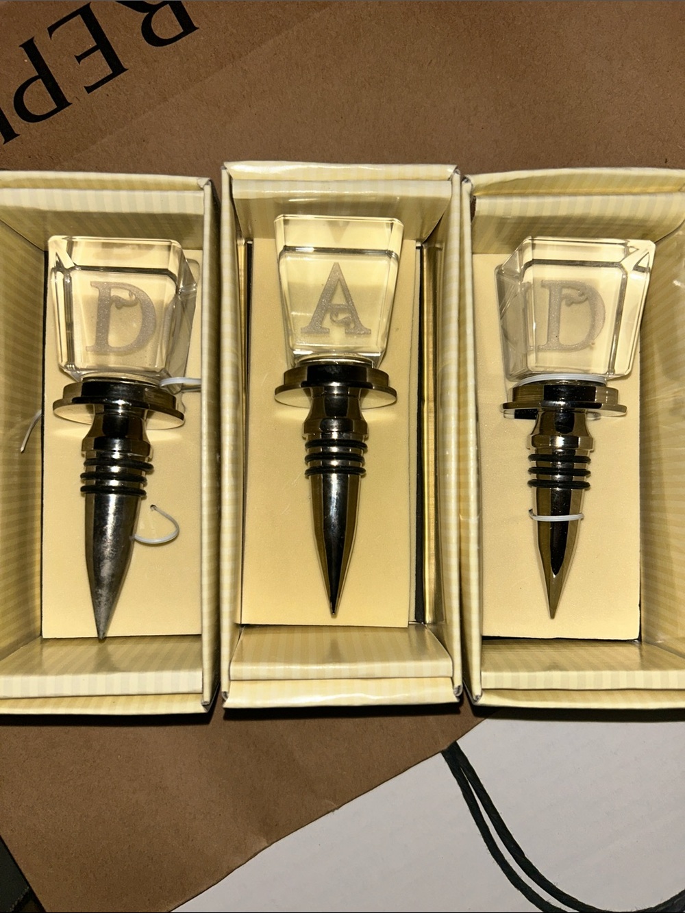 DAD -Monogram Metal Wine Bottle Stopper - Clear and Silver Set of 3 .